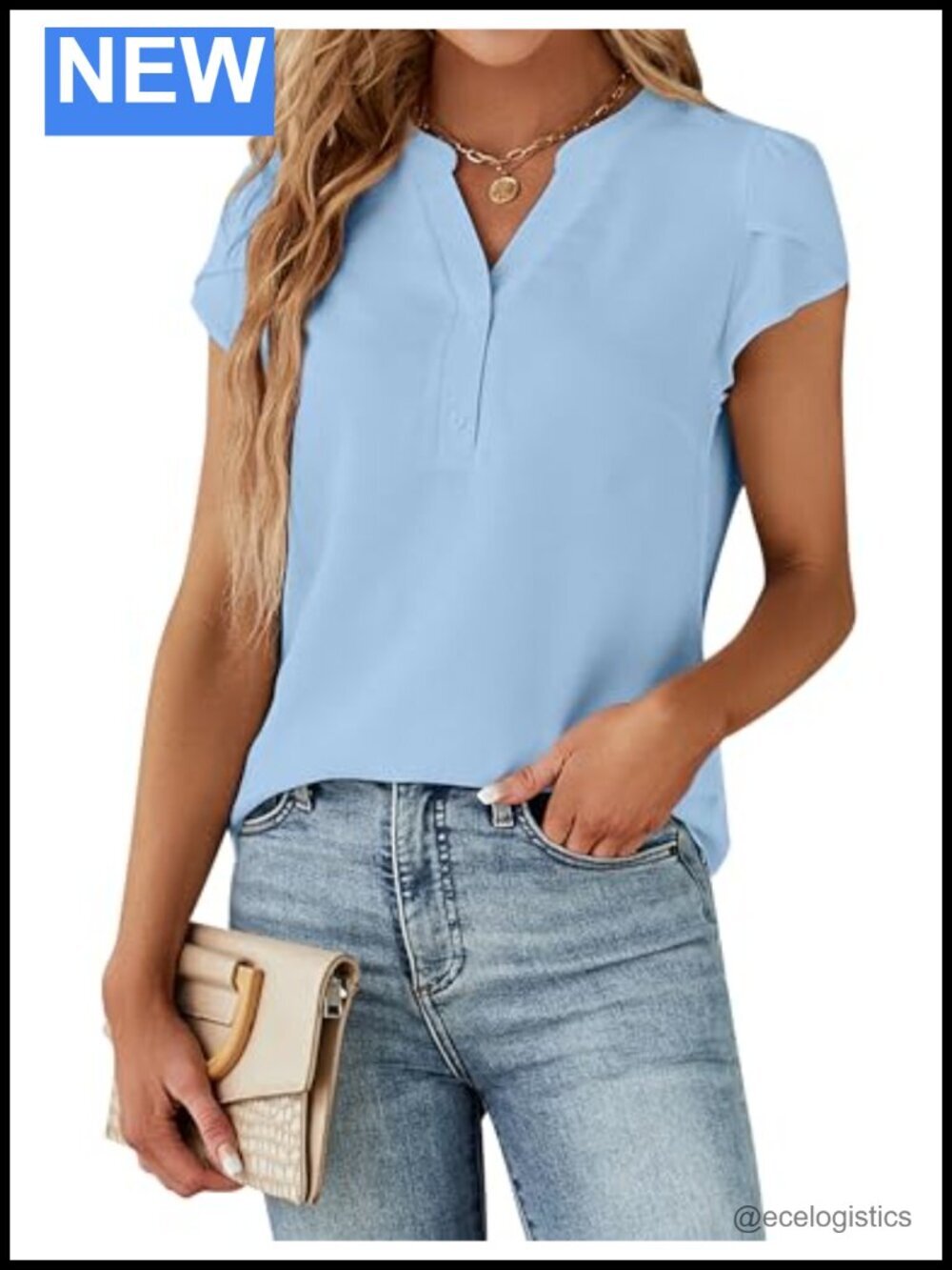 Dressy Casual Button Down Blouse Cap Sleeve V Neck Tshirt